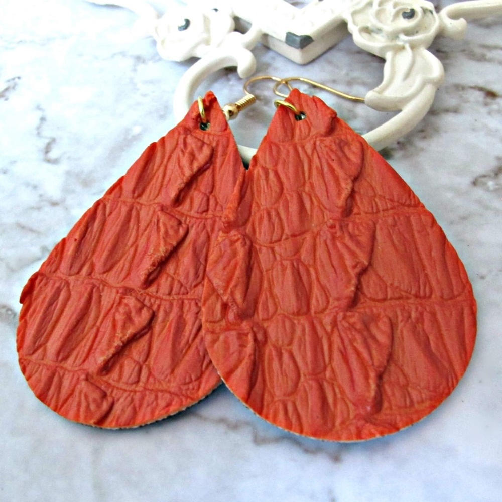 Orange gator leather earrings with golden earwires